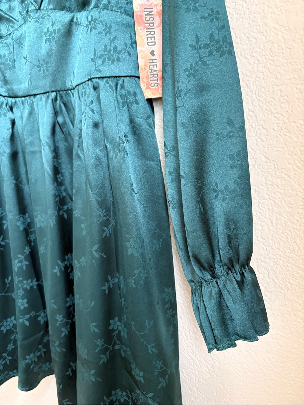 Long Sleeve Satin Dress - Emerald Green floral print - Picture 3 of 6